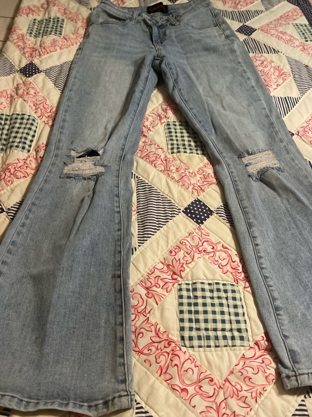 Pale Blue Distressed Flare Jeans